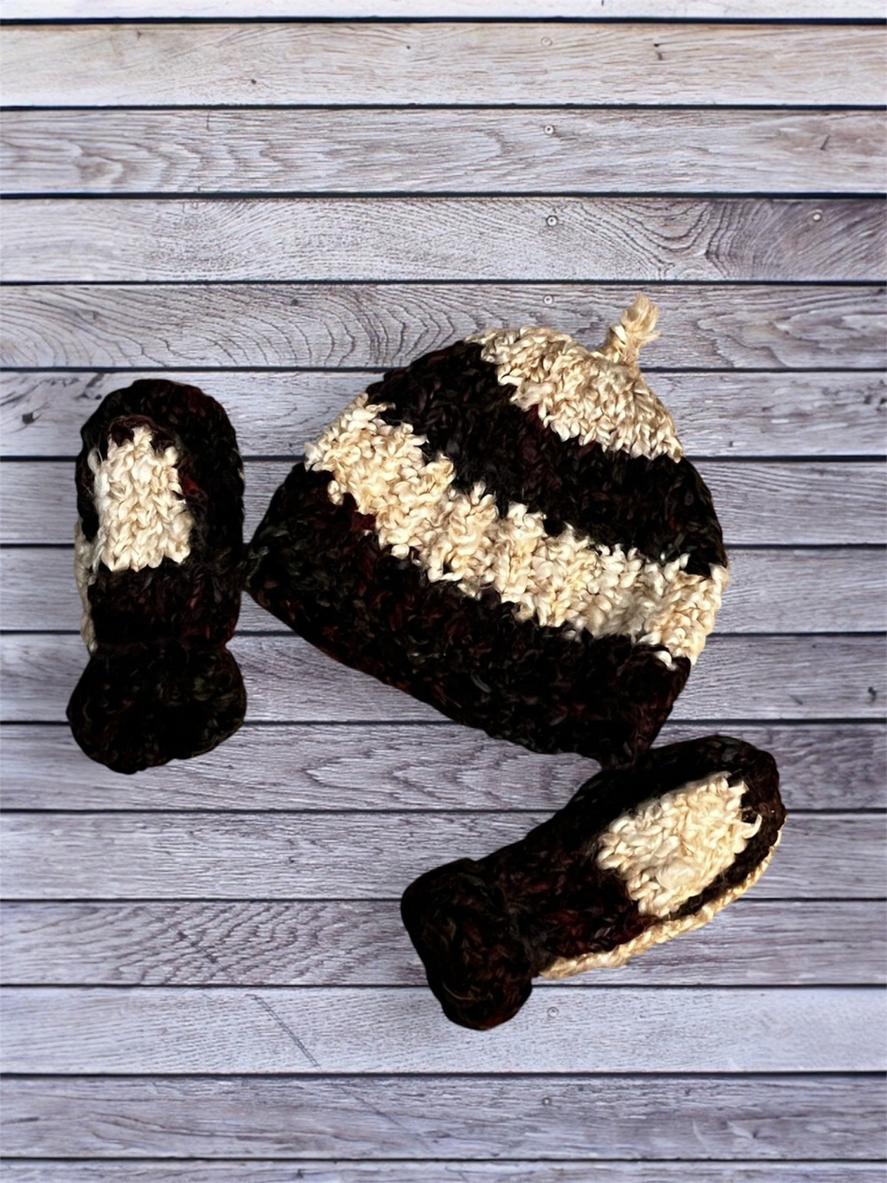 Handmade Kids Knit Beanie & Mittens Set - Cream and Dark Brown with red tones